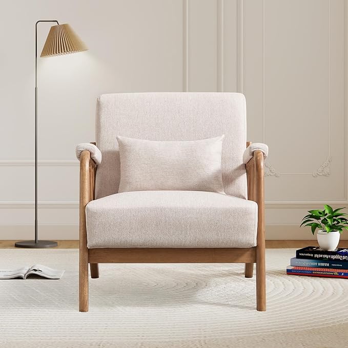 IOMOR Mid Century Modern Accent Chair with Solid Wood Frame Linen Fabric, Upholstered Living Room Chairs with Lumbar Cushion Padded Arms, Reading Armchair for Bedroom (2, Warm Beige)