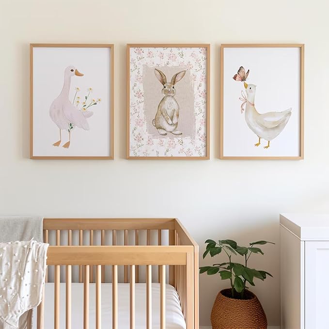 Vintage Nursery Wall Art Goose Canvas Poster Coquette Wall Decor Baby Girl Painting Kids Poster Bunny Rabbit Prints Cute Animal Pictures Duck Artwork for Bedroom Living Room 16x24x3 Inch Unframed