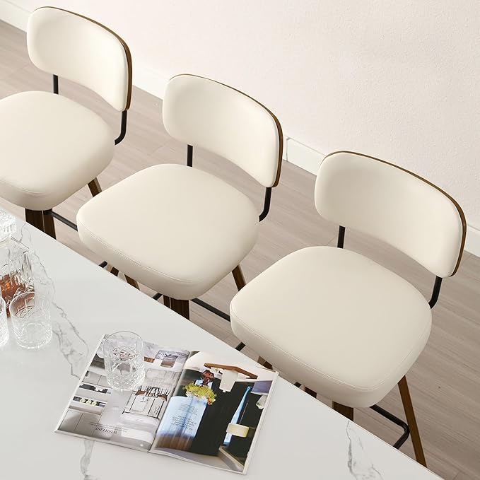 Bekrvio Swivel Counter Height Bar Stools Set of 4, 26" Upholstered Faux Leather Barstools with Back and Bent Wood Legs, Mid Century Modern Bar Chair Island Stool for Kitchen Counter, Cream White
