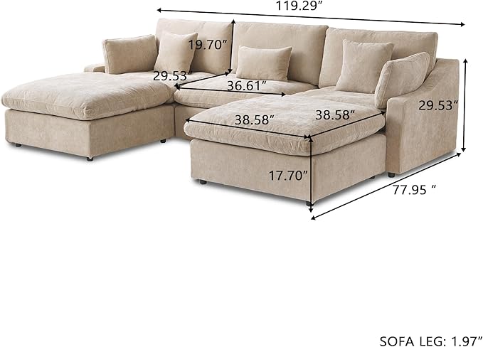 119" U Shape Cloud Modular Couches for Living Room, Modern Sectional Sofa with Chaise Ottomans, Deep Seat Couch Cushion Covers Washable&Removable, Sectional Sofas for Home Office Apartment (Khaki)