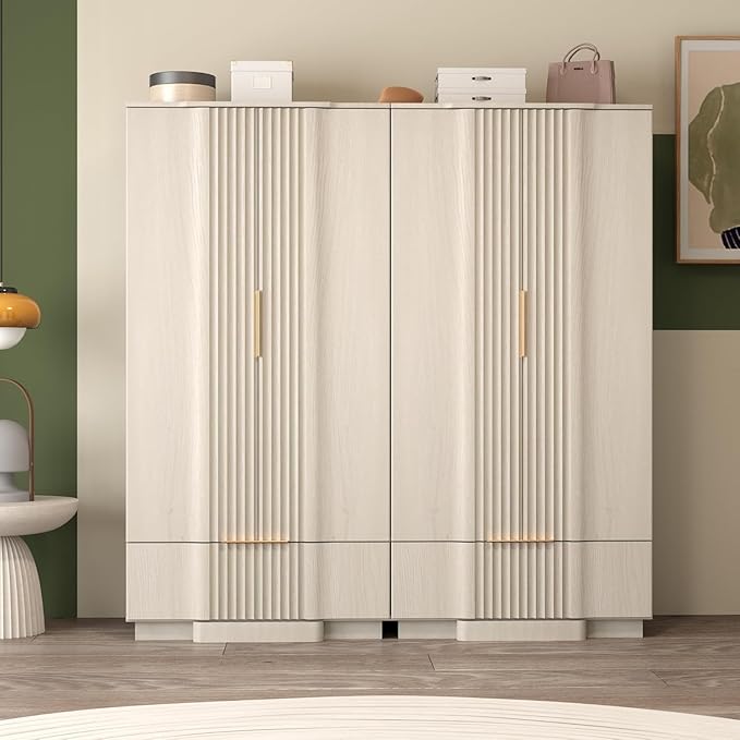 Brafab 67" Fluted Armoire Wardrobe Closet Set of 2 with Drawers and Doors, Wooden Wardrobe Cabinet with Adjustable Shelves, Modern Storage for Clothes, Coats for Bedroom,White(2 pcs)