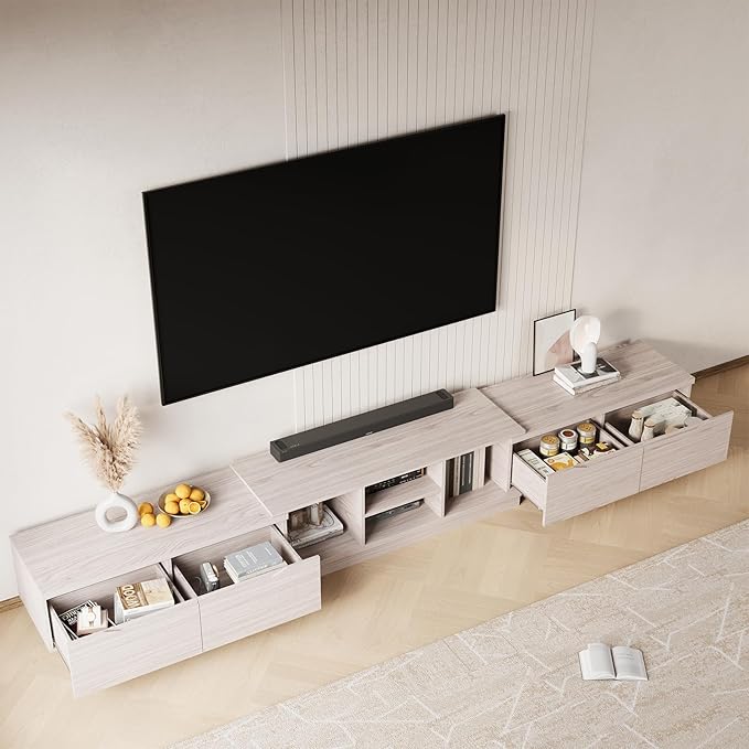 MEISSALIVVE Extendable TV Stand for Up to 120 Inch TV, Modern Entertainment Center with 4 Drawers & 2 Storage Compartments, Adjustable Length (95"-121"), TV Consoles for Living Room & Bedroom (White)