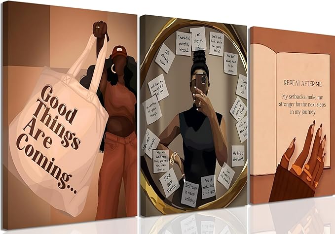 3pcs Black Girl Wall Art African American Wall Decor Painting Fashion Abstract Black Woman Poster Canvas Prints Pictures for Living Room Bedroom 16x24 inch Framed