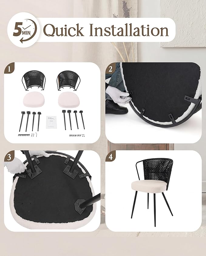 BedsPick Rattan Dining Chair Set of 6 - Farmhouse Upholstered PE Rattan Kitchen Chair with Boucle Cushion, Wingback Dining Room Seat with Cane Back and Metal Legs for Home, Kitchen (Black)