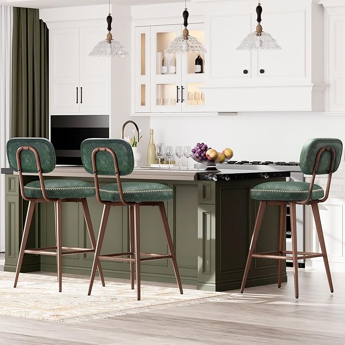 MALOL 26“ PU Leather Swivel Bar Stools Set of 4, Mid Century Counter Height Bar Chairs with Low Back and Metal Legs, Modern Bar Stool Chair for Kitchen Island, Green