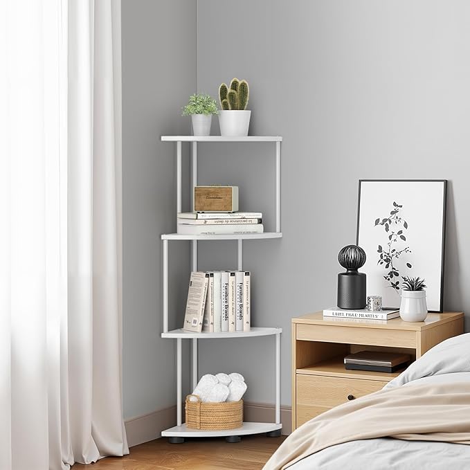 haomsj Metal Corner Shelf Stand 4 Tier 41",Sturdy Baking Paint Process Corner Shelves Display Shelf for Living Room Decor,Wall Corner Bookshelf Office Small Space (White)