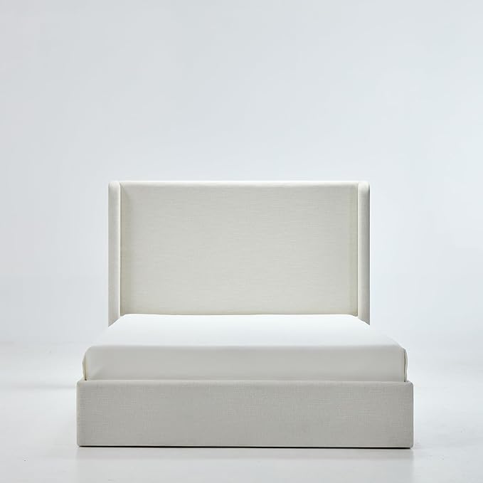 California King Size Upholstered Platform Bed Frame, 52" High Headboard Carmen Wingback Beds, Tall Headboard King Floor Bed Frames, No Box Spring Needed No Noise, Minimalist, Textured Ivory