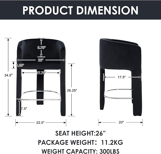 HNY Modern Counter Height Bar Stools Set of 4, 26”H Barrel Counter Stools for Kitchen Counter, Velvet Upholstered Barstools with Back and Armrest for Kitchen Island,Home Bar, Black