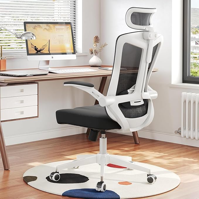 300 LBS Ergonomic Office Computer Mesh Chair - Adjustable Height Rolling Desk Chair with Flip-Up Armrests & High Back Support - Comfortable Swivel Task Chair for Home Office