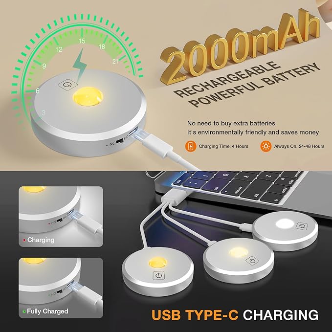 Puck Lights with Remote Control - Rechargeable, Wireless Under Cabinet Lighting, 2000mAh Battery Operated Tap Push Touch Lights, Silver, 3Pcs