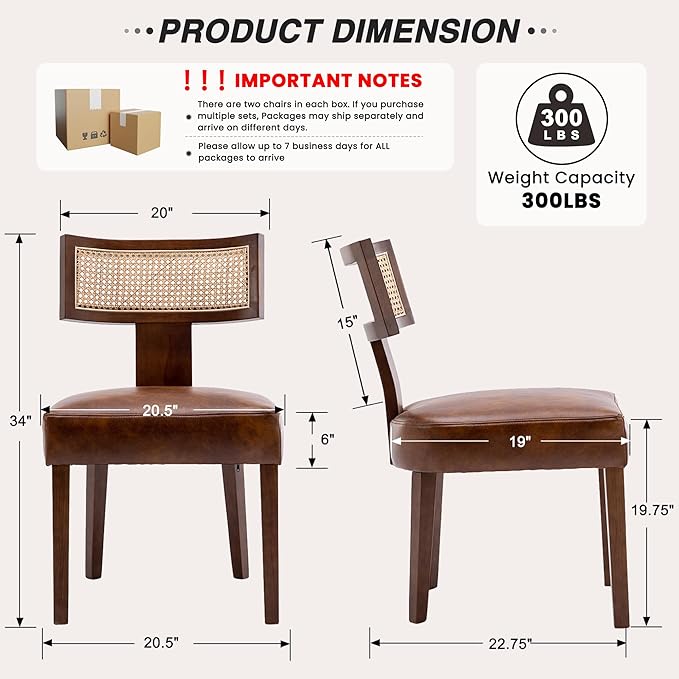 HNY Mid Century Modern Rattan Dining Chairs Set of 6, Farmhouse PU Leather Upholstered Accent Chair Curved Backrest Kitchen Chairs, with Hardwood Frame, Brown