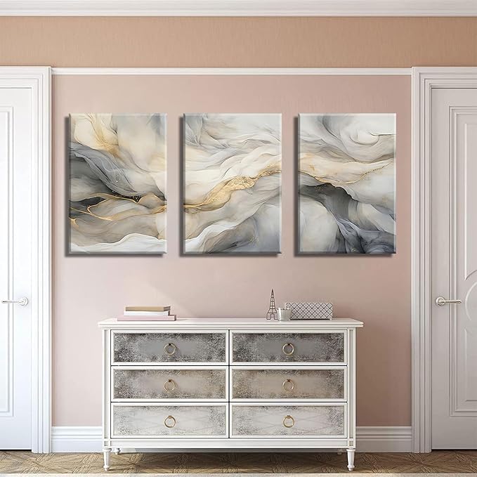 White and Grey Canvas Wall Art Set of 3 Abstract Beige Gold Marble Fluid Wall Decor Pictures Neutral Modern Minimalist Posters Prints for Living Room Bedroom Home Decoration 16x24in