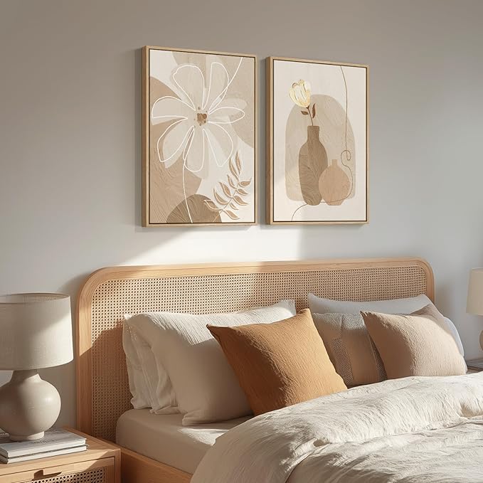 Framed Neutral Boho Floral Wall Art for Bedroom, Set of 2 Flower and Vase Beige Artwork for Walls, Bohemian Minimalist Canvas Prints for Living Room Hallway Home Office Kitchen Wall Decor, 20x30 Inch