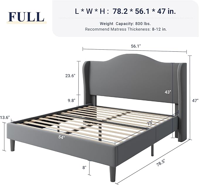 Allewie Full Size Bed Frame, Upholstered Wingback Platform with 47" Tall Tufted Headboard, Plush Velvet Fabric, Modern Minimalist Design, No Box Spring Required, Tool-Free Assembly, Grey