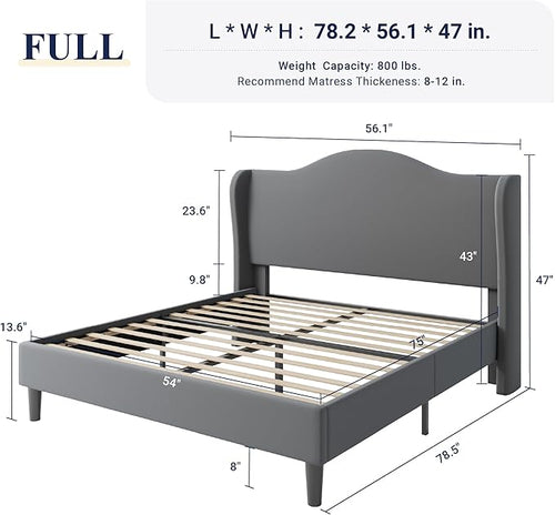 Allewie Full Size Bed Frame, Upholstered Wingback Platform with 47" Tall Tufted Headboard, Plush Velvet Fabric, Modern Minimalist Design, No Box Spring Required, Tool-Free Assembly, Grey