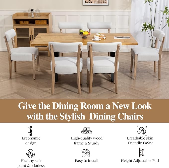 ZJhome Dining Chairs,4 Pack Mid-Century Modern Wooden Kitchen Chairs with Linen Upholstery - Low-Back Woven Design for Kitchen & Dining Room,Beige Fabric