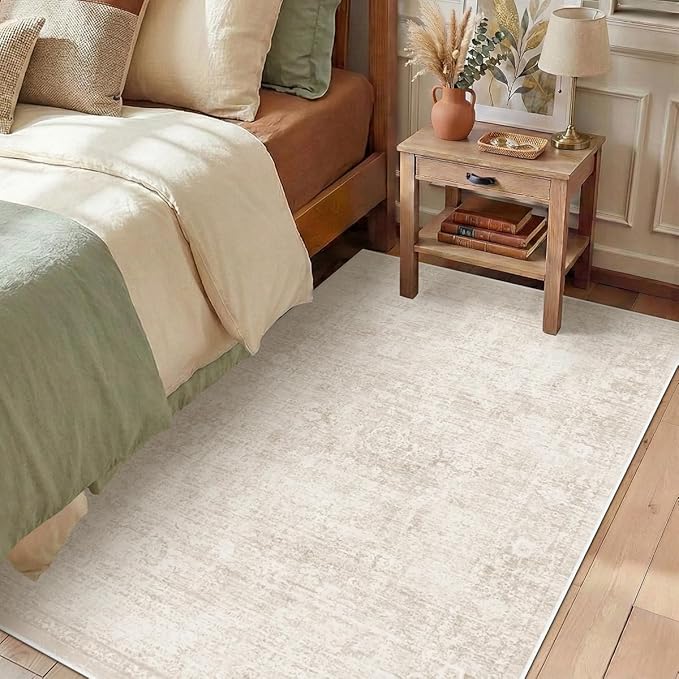 Homemate Washable Rug 4x6 Area Rugs - Vintage Faux Wool Rugs for Living Room Bedroom Dining Room - Non Slip Foldable Carpet Indoor Area Rug for Home Decor（4'x6', Beige