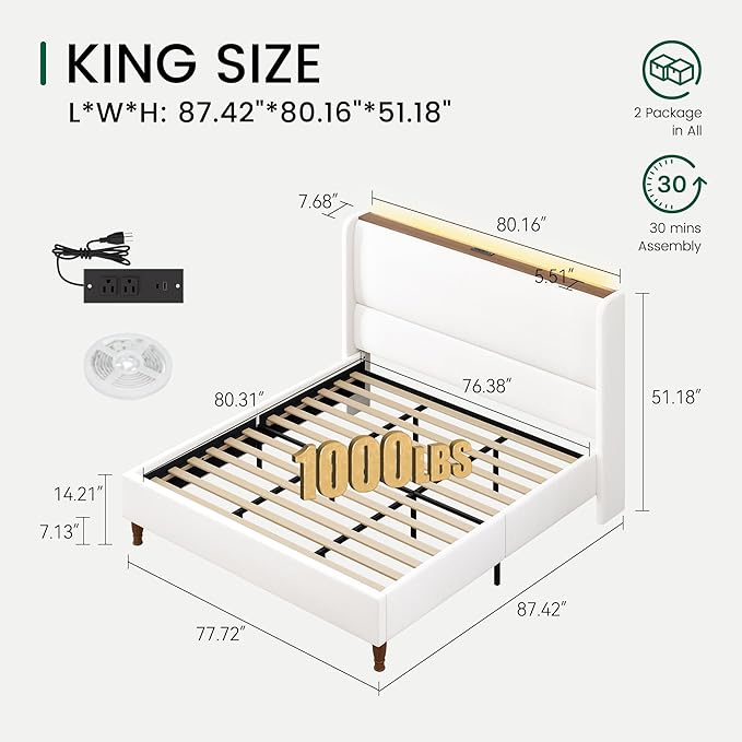 LARMACE King Size Bed Frame with LED Lights and Charging Station Linen Upholstered Platform Bed Frame with 51.2" Tall Wingback Headboard and Storage Shelf, No Box Spring Needed, Easy Assembly, White