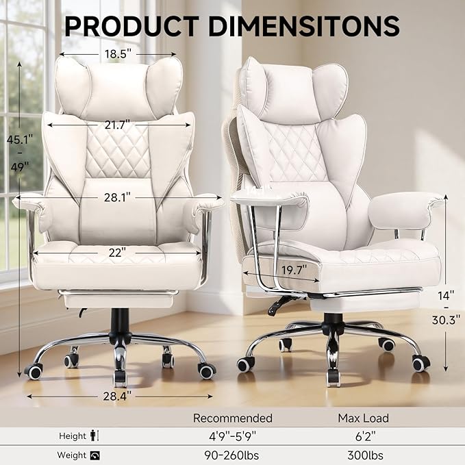 COMHOMA Big and Tall Office Chair, High Back Leather Gaming Chair with Footrest, Executive Ergonomic Office Chairs with Pocket Spring Lumbar Support and with Outward Fixed Soft Armrests