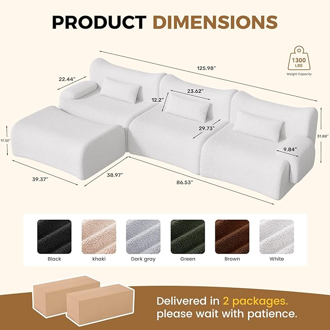 Cloud Couch Sectional, L Shaped Boneless Couches for Living Room - Oversized Modular Sofa with Deep Seats, Modern Couches with Movable Ottoman,White