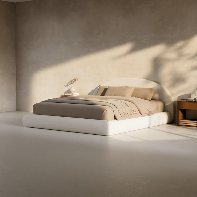 RECCI AirFrame Half-Moon Upholstered King Platform Bed Frame, Boucle Curved Arched Base with Headboard, 5 Inch Fully Round Cushioned Foam, No Box Spring Needed, Easy Assembly | Round Shaped, Boucle, Low-profile, Soft
