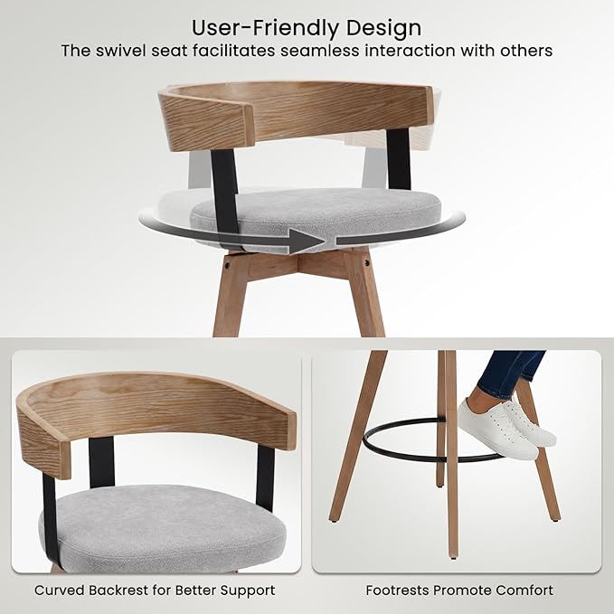 DUOMAY Swivel Bar Stools Set of 2, 26" Counter Height Bar Stool with Footrest Modern Wood Barstools with Linen Upholstered Seat Counter Stools for Kitchen Island Home Bar, Grey