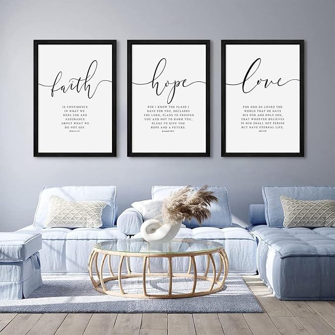 Bible Verses Wall Decor 3 Pieces Scripture Quotes Canvas Wall Art Faith Hope Love Scripture Posters Prints Christian Artwork Pictures for Living Room Bedroom Decoration 16x24 Inch Black Framed
