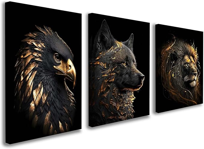 3 Piece Framed Canvas Wall Art, Modern Black and Gold Animal Canvas Wall Decor with Eagle Wolf and Lion, Set of 3 Wall Art for Living Room Bedroom Office Gaming Room, 12x16 Inch