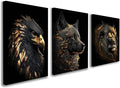 3 Piece Framed Canvas Wall Art, Modern Black and Gold Animal Canvas Wall Decor with Eagle Wolf and Lion, Set of 3 Wall Art for Living Room Bedroom Office Gaming Room, 12x16 Inch
