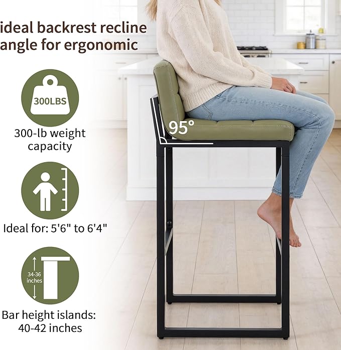FIRAVOE Set of 4 Bar Stools, Upholstered Bar Height Barstools with Low Back and Thickened Metal Frame, Modern Tall Bar Chairs for Kitchen Island, Bar, Counter (Avocado Green, 4Pcs 30" Bar Stools)
