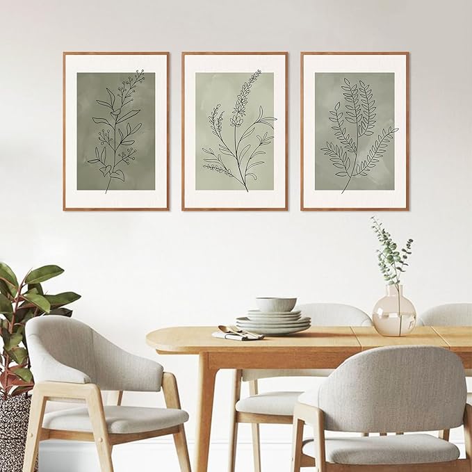 CHDITB Sage Green Framed Canvas Wall Art, Neutral Botanical Line Wall Decor, Olive Tone Plant Poster, Modern Farmhouse Floral Decor, Boho Minimalist Nature Prints for Bedroom Office Decor 16"x24"X3