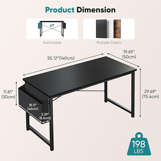 OLIXIS Computer Desk 55 Inch Home Office Desks for Small Spaces, Gaming Writing Study Work Table with Storage Bag and Headphone Hook for Bedroom, Black