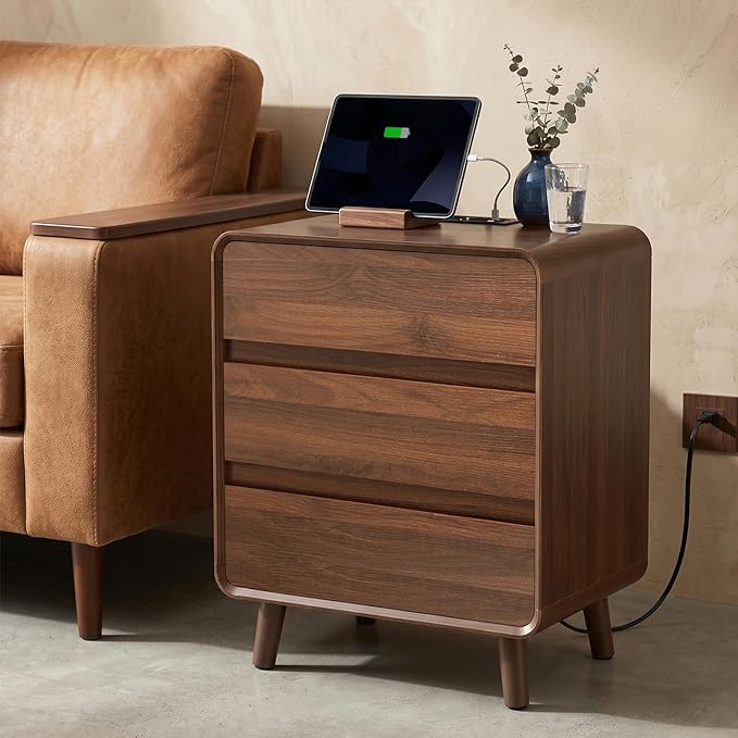 Nasonet 27.7'' Tall Night Stands Set 2 with Chaing Station, Mid-Century Modern Large Bedside Table with Outlets, Wide Wood End Table for Bedroom, Walnut