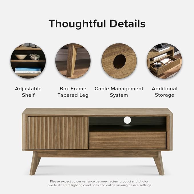 mopio Brooklyn Mid-Century Modern TV Stand, for TVs up to 50” / 59" Waveform Panel, Sleek Curved Profile with Adjustable Shelf and Sturdy Box Frame Leg (Natural Walnut, 47")