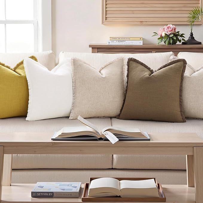 decorUhome Summer Decorative Neutral Linen Fringe Euro Sham Throw Pillow Covers Set of 2 Light Grey Pillow Covers with Tassels Soft Farmhouse Boho Accent Pillow Cases for Couch Bed Sofa 22x22 Inch
