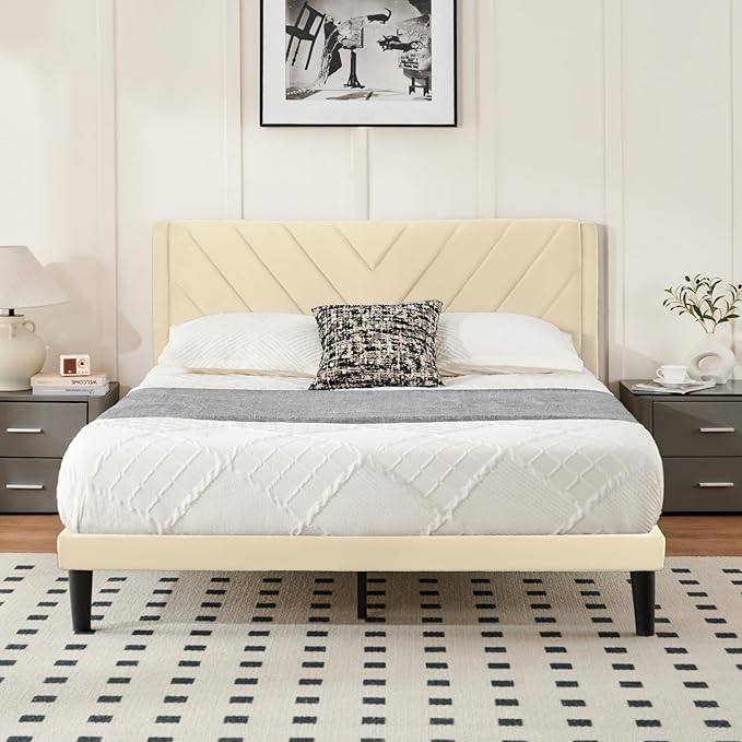 Full Bed Frame with Headboard, Bed Frame Full Size with Sturdy Wooden Slats Support, Platform Bed Frame with Velvet Upholstered Headboard, Mattress Foundation, Easy Assembly, No Box Spring Needed