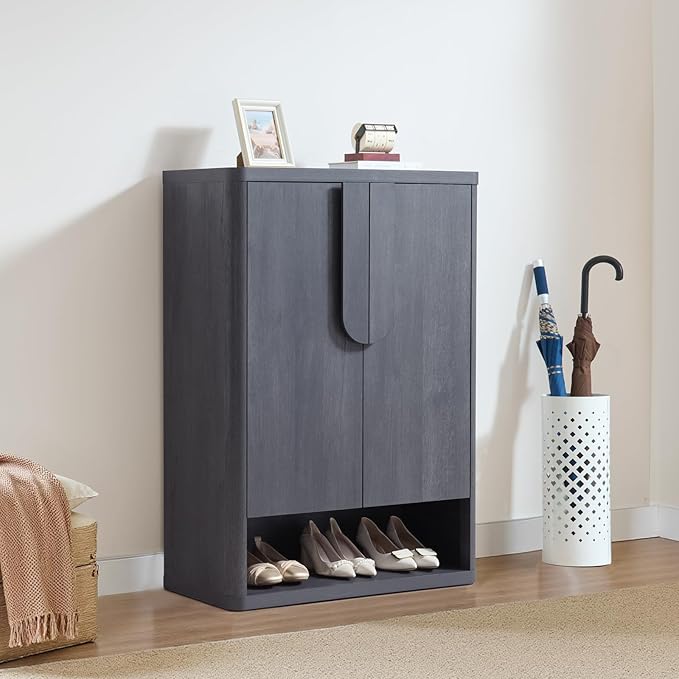 Shoe Cabinet 44" Tall Large Storage Organizer Modern Shoe Rack with Doors & 4 Shelves Minimalist Free Standing 5-Tier Cabinet for Entryway Hallway Living Room,Gray Black,2PCS