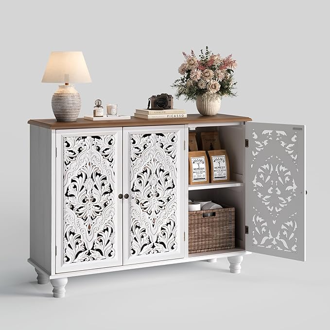 JOINICE 43" Accent Cabinet with 3 Carved Doors, White Farmhouse Buffet Cabinet with Storage & Solid Wood Legs, Boho Sideboard Console Table for Living Room, Entryway, Dining Room, Coffee Bar