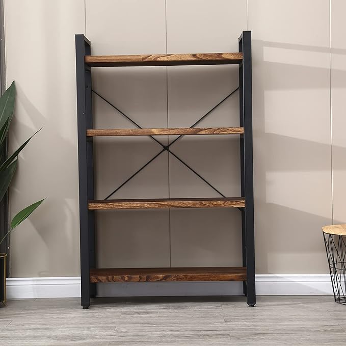WH-AOERPUMY Solid Wood Bookshelf,4 Tier Rustic Vintage Industrial Etagere Bookcase, Open Metal and Wood Vintage Book Shelf, Retro Brown (RealWood)(4-Tier)