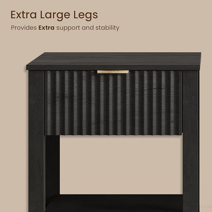 Fluted Night Stand with Golden Handle,Mid-Century Nightstands with Drawer,Modern Bedside Table with Storage Shelf,Large Wood End Tables for Livingroom,Bed Side Tables for Bedroom,Black
