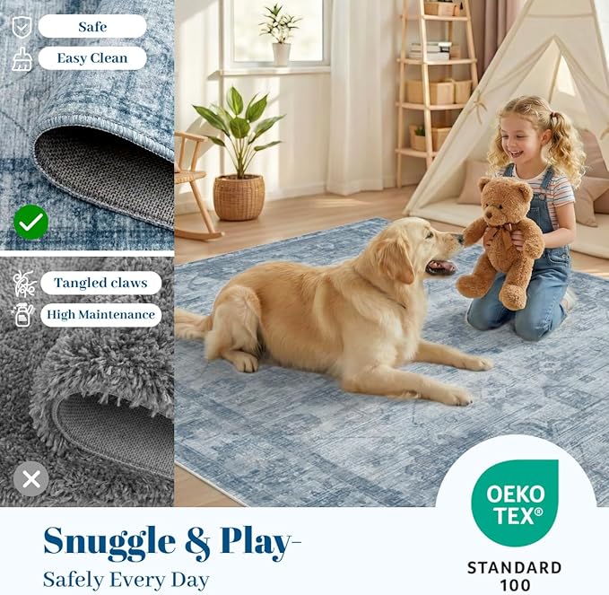 Homemate Washable Rug 8x10 Area Rugs - Vintage Faux Wool Rugs for Living Room Bedroom Dining Room - Non Slip Foldable Carpet Indoor Area Rug for Home Decor（8'x10', Blue