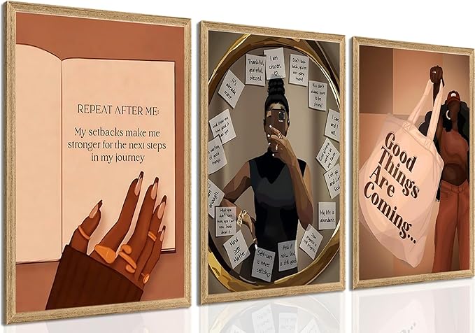 Yudinbin 3pcs Black Girl Poster African American Wall Art Decor Paintings Fashion Abstract Black Woman Poster Canvas Prints Pictures for Living Room Bedroom 12x16 inch Unframed