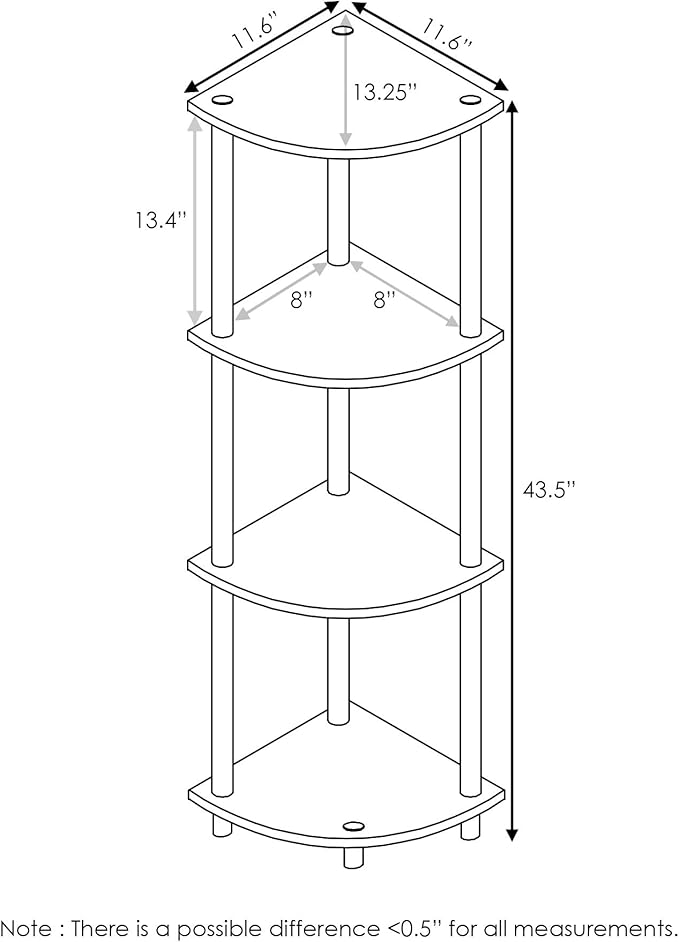 Furinno TURN-N-TUBE Corner Shelf, 4-Tier Corner Bookshelf, Display Storage Shelves with Open Shelves, for Organization and Storage, Living Room, Home Office, Garage, Black