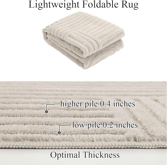 SHACOS Soft Cozy Fluffy Arch Pattern High Low Pile Area Rugs 3'x5' Non Slip Washable Scandinavian Minimalist Rug Modern Geometric Arc Carpet for Living Room Bedroom Dining Room, Beige