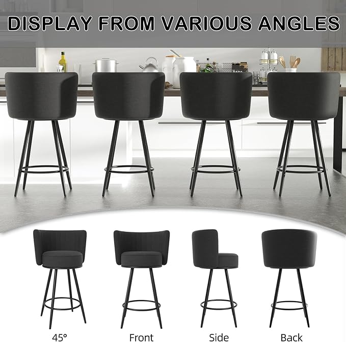 HONIFUR Bar Stools Set of 6, 27" Tufted Modern Counter Height Bar Stools, Upholstered Barstools with Back & Footrest Metal Legs, Stools for Kitchen Island, Counter, Cafes, Dining Room (Dark Gray)