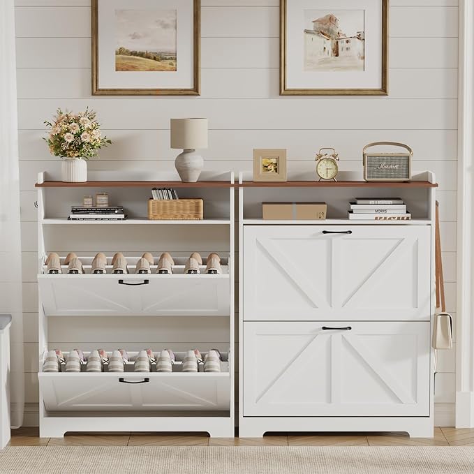 Shoe Cabinet Organizer with 2 Flip Drawers, Farmhouse Narrow Shoe Cabinet with 2 Adjustable Shelves & 2 Hooks, Shoe cabinet storage for entryway, Foyer, Hallway, White, 31.5"W x 8.7"D x 41.7"H