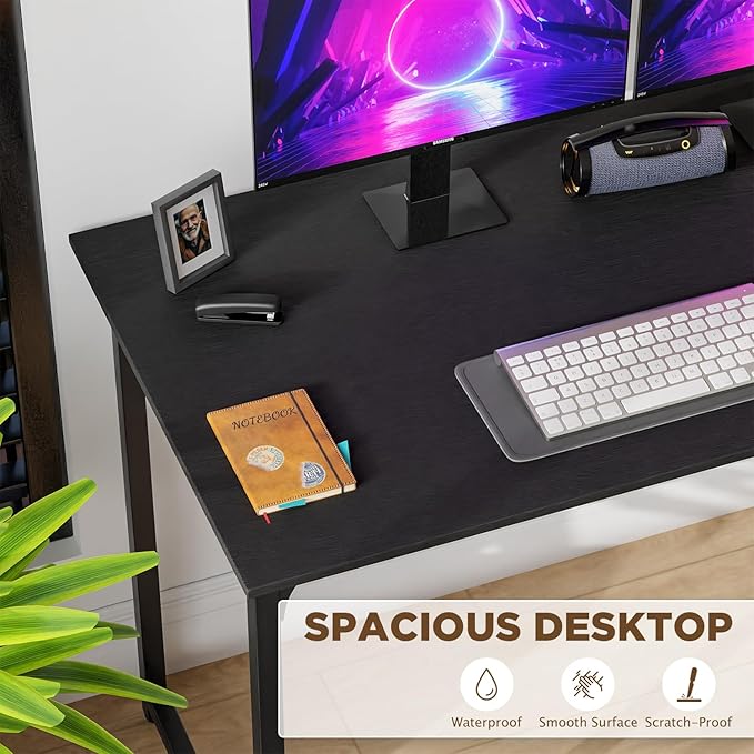 PayLessHere | 47 Inch Computer Desk | Black | Office Desk with Metal Frame, Adjustable Feet | Water-Resistant, Scratchproof Surface | Sturdy Writing Table for Home Office or Study | Pack of 1