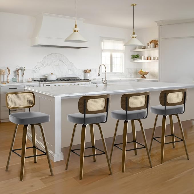 Bekrvio Swivel Bar Stools Set of 4, Upholstered Faux Leather Barstools with Rattan Back, 29" Seat Height Bar Chairs for Kitchen Island, Bentwood Wood Frame, Grey