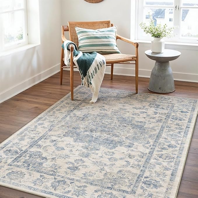 3x4 Washable Neutral Area Rug Blue Vintage Entryway Office Carpet Non-Slip Soft Low Pile Farmhouse Throw Rug for Entrance Living Room Bathroom Dining Room