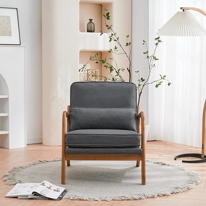 Bonnlo Microfiber Dark Grey Accent Chairs Set of 2, Upholstered Mid Century Modern Lounge Chairs Reading Chairs Side Sitting Chair Solid Wood Farmhouse Armchairs for Living Room, Bedroom, Guest Room
